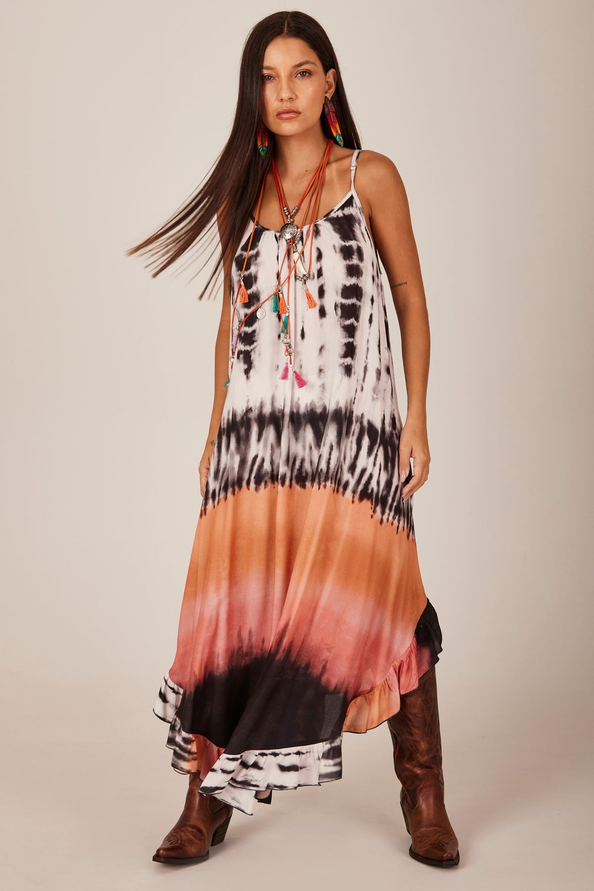 Yacamim E6 Tie-Dye Digital Print Long Dress with Adjustable Straps