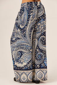 Yacamim A20 Blue Paisley Print Wide-Leg Pants with Pockets