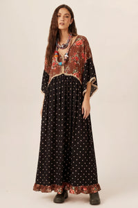 Yacamim Long Dress with Black and Brown Ruffles Patchwork E7
