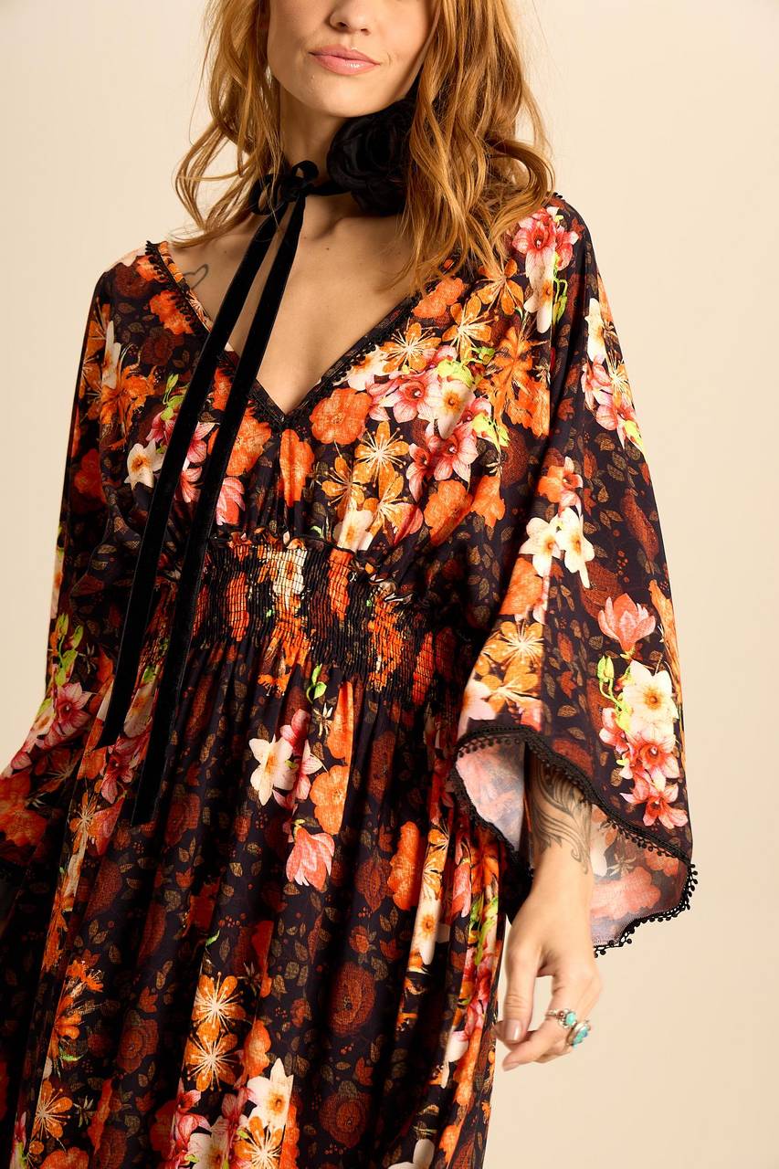 Yacamim Floral Print V-Neck Long Dress with Smocked Bodice