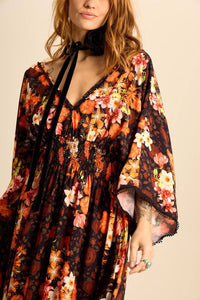 Yacamim Floral Print V-Neck Long Dress with Smocked Bodice