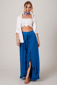 Yacamim Blue Plain G1 Pants with Opening and Ruffles