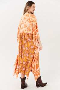 Yacamim I3 Orange Printed Patchwork Loose Midi Kaftan