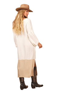 Yacamim Off-White Paneled Midi Dress with Slits