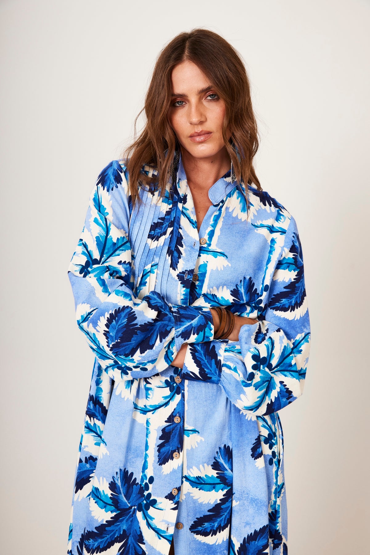 Yacamim P9 Blue Tropical Print Loose Midi Shirtdress