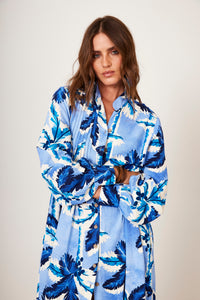 Yacamim P9 Blue Tropical Print Loose Midi Shirtdress