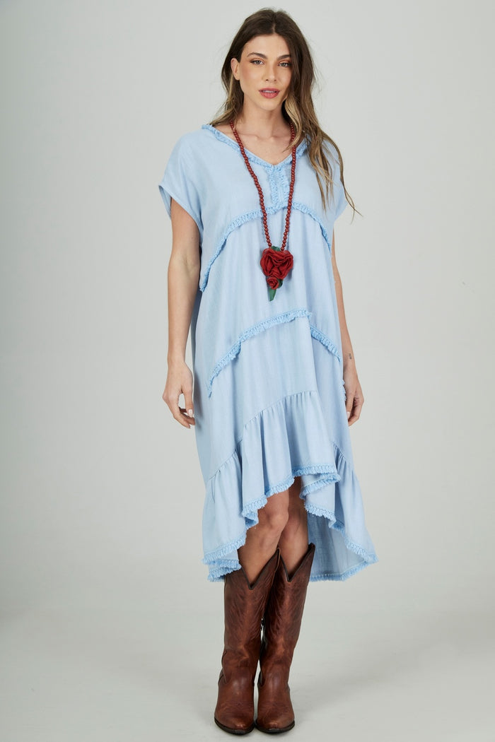 Light Blue Viscolinho Mullet Mini Dress Yacamim D4