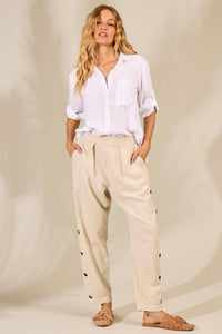 Yacamim Beige Viscose Linen Straight-Leg Trousers with Buttons
