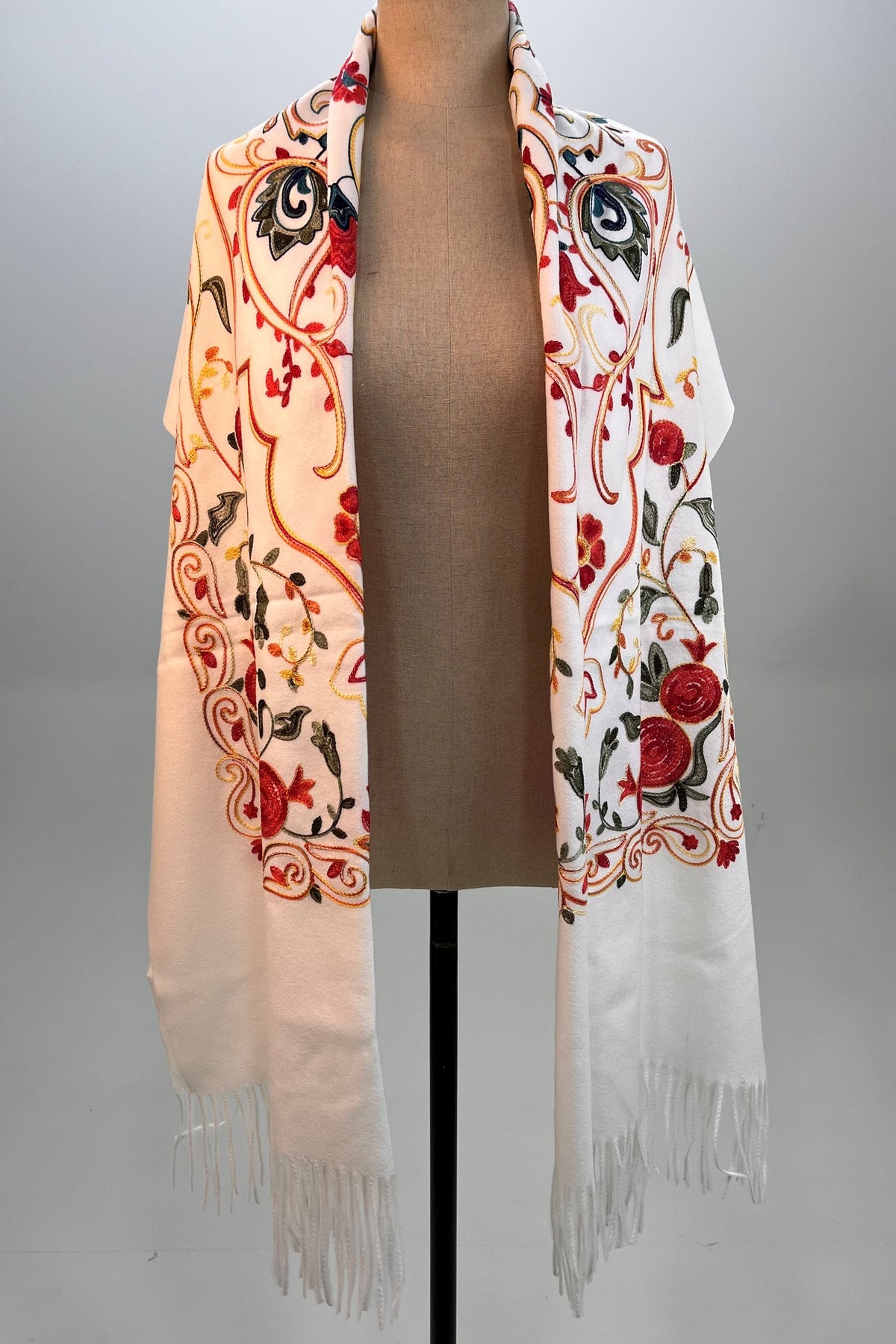 Yacamim Embroidered White Cashmere Scarf #311