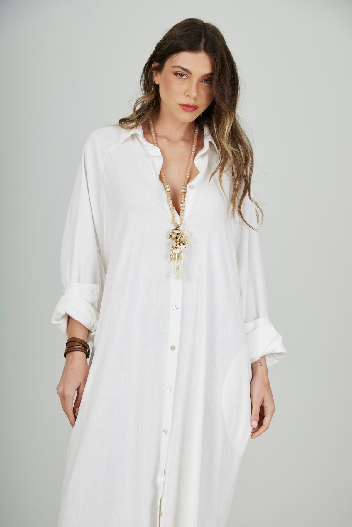 Yacamim Off-White Viscose Linen Long Shirt P3
