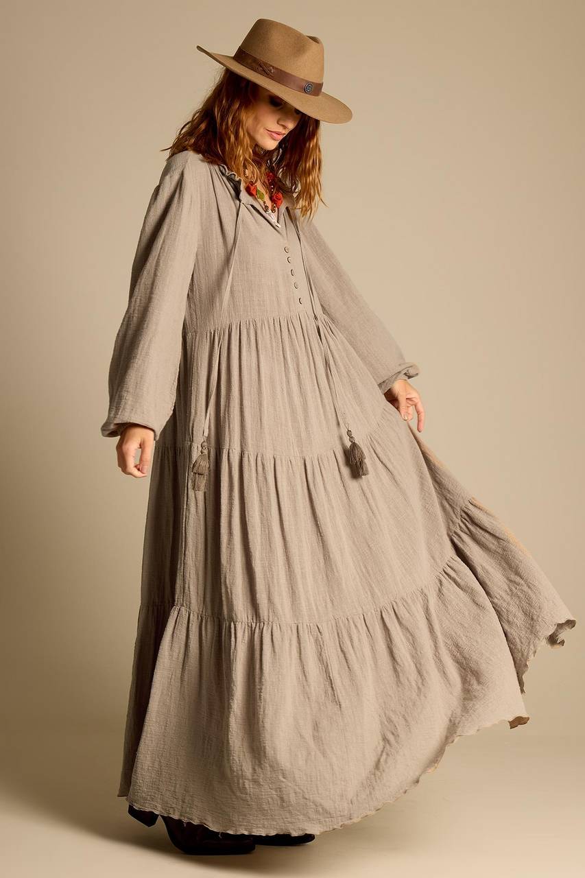 Yacamim Long Linen 3 Tier Dress in Green E20
