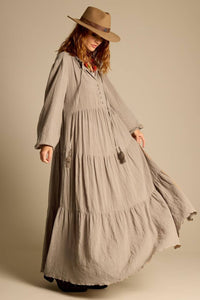Yacamim Long Linen 3 Tier Dress in Green E20