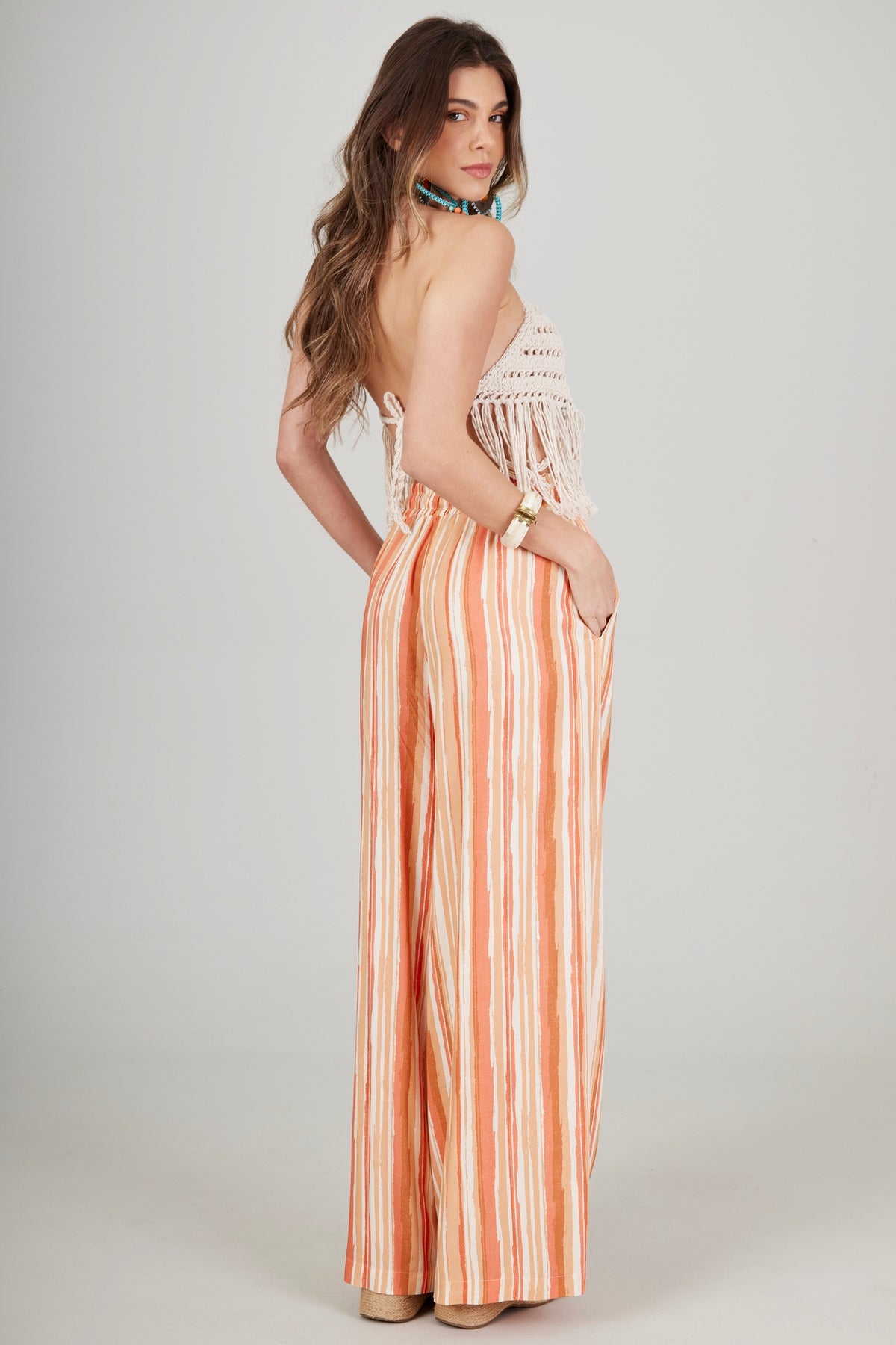 Yacamim Striped Orange Wide-Leg Pants with Pockets I8