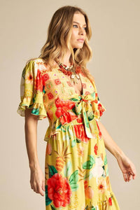 Yacamim A8 Cropped Top with Front Tie and Smocking, Yellow Print