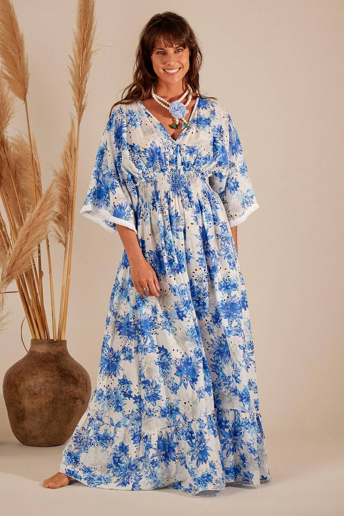 Yacamim White Broderie Long Dress with Blue Print