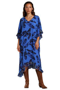 Kaftan Midi Com Babados E Pontas Laterais Azul Patchwork Yacamim J6