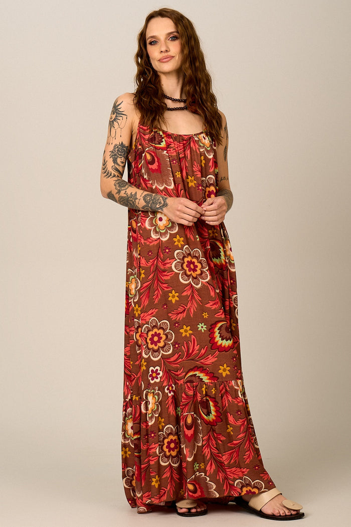 Yacamim E13 Printed Brown Long Dress with Adjustable Straps