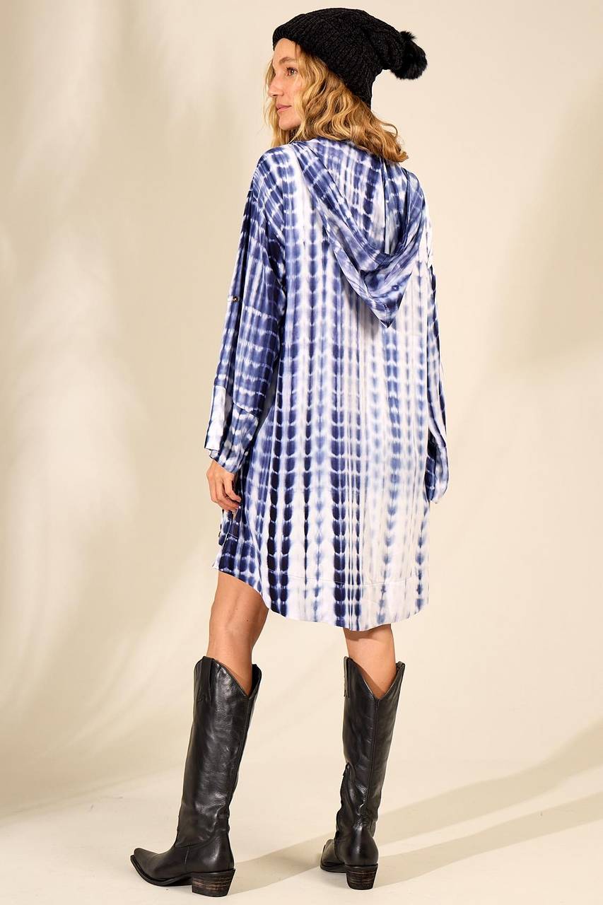 Yacamim Blue Tie-Dye Digital Print Oversized Hoodie Shirt