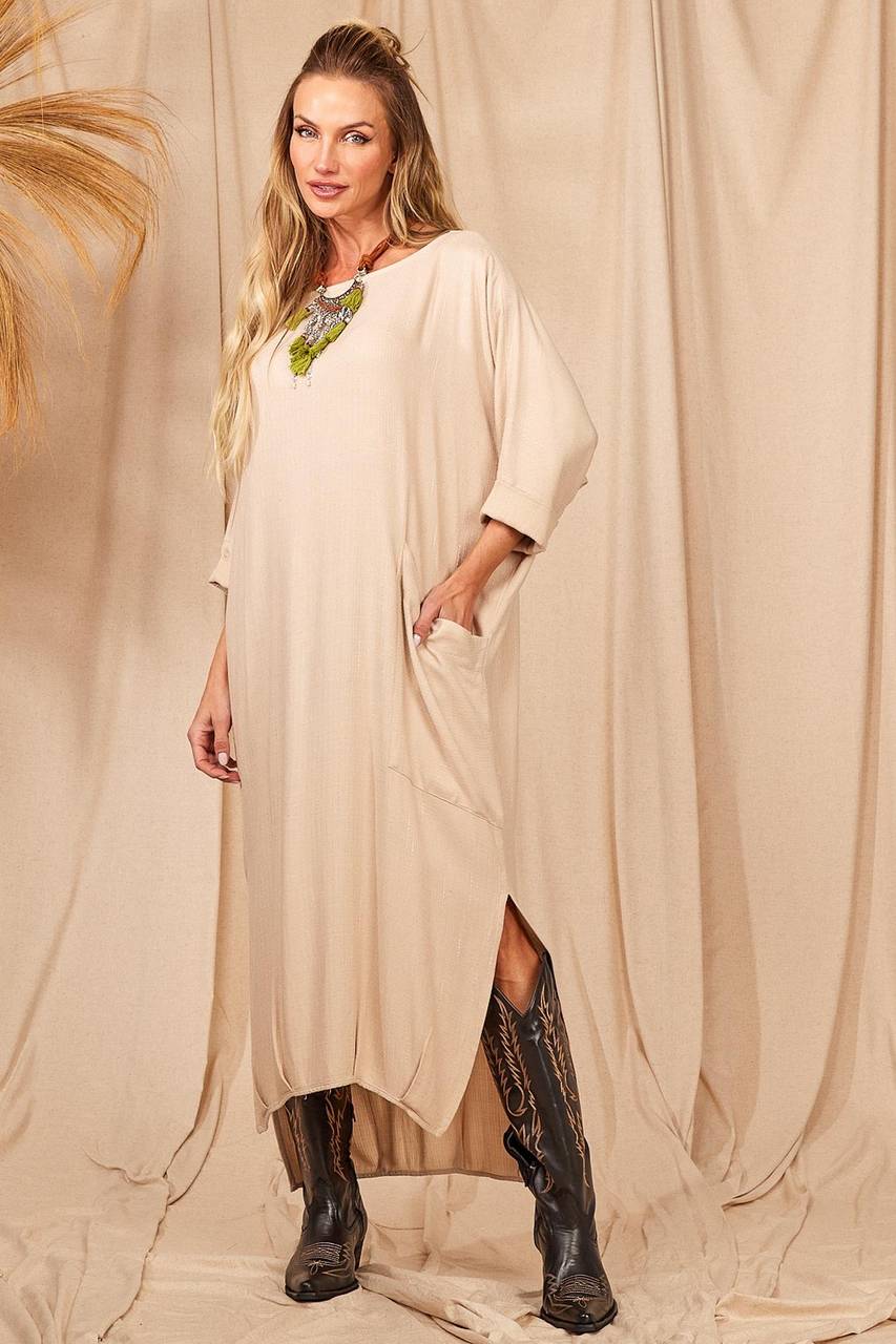Yacamim Beige Batwing Sleeve Straight Midi Dress