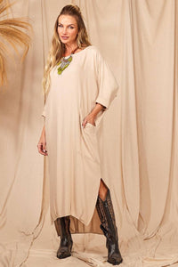 Yacamim Beige Batwing Sleeve Straight Midi Dress