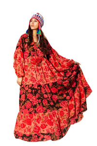Yacamim Patchwork Pink Long Dress with Puffy Long Sleeves