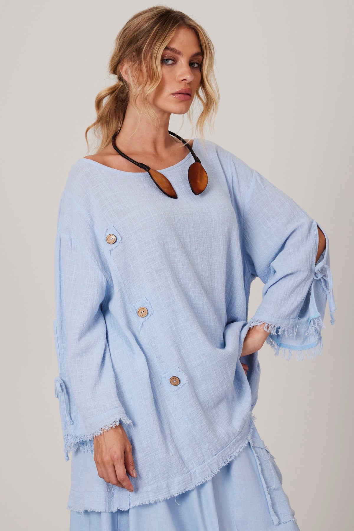 Light Blue Wide Canoe Neck Blouse Yacamim A28