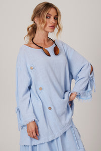 Light Blue Wide Canoe Neck Blouse Yacamim A28