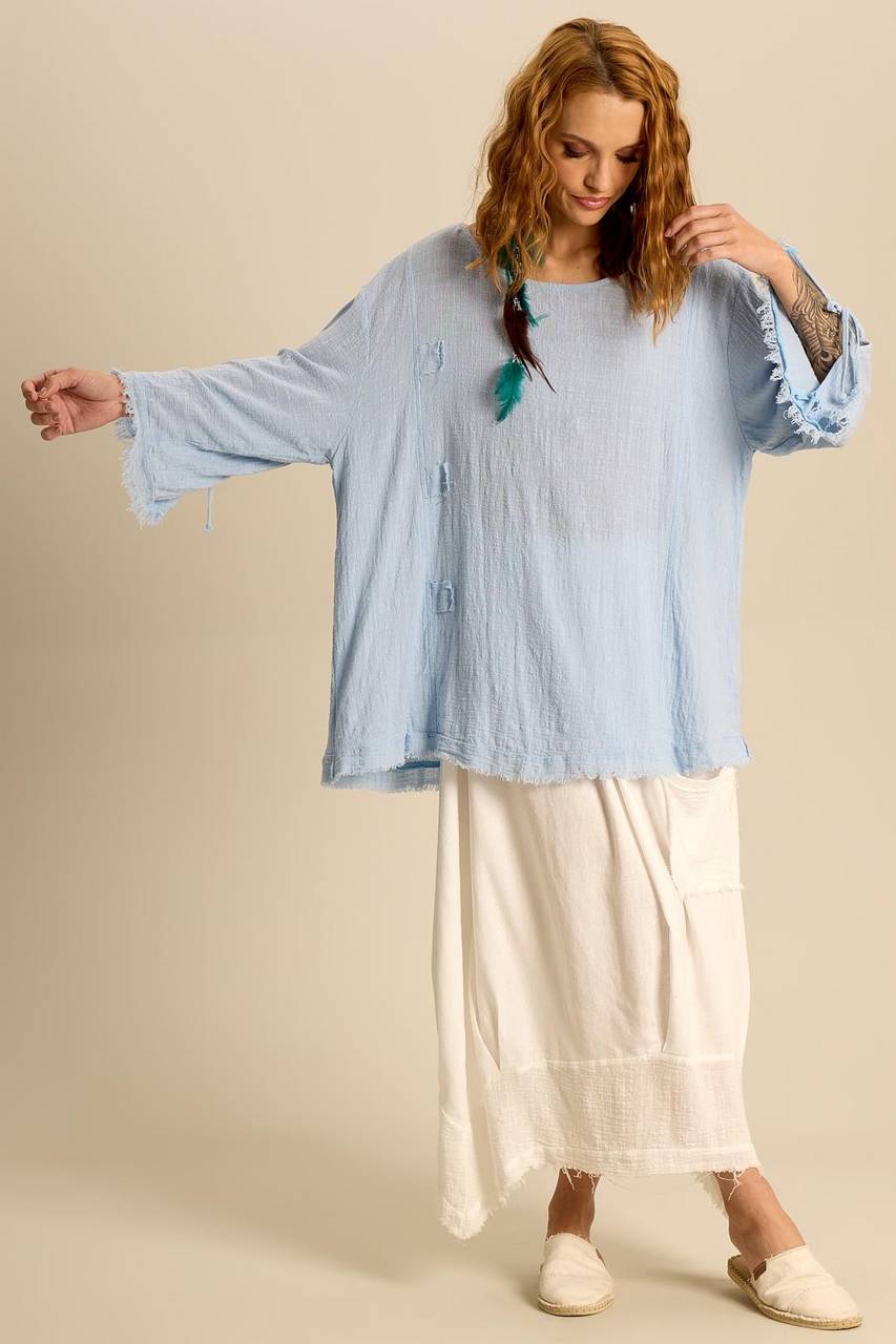 Yacamim Light Blue Loose-Fitting Tunic with Long Sleeves