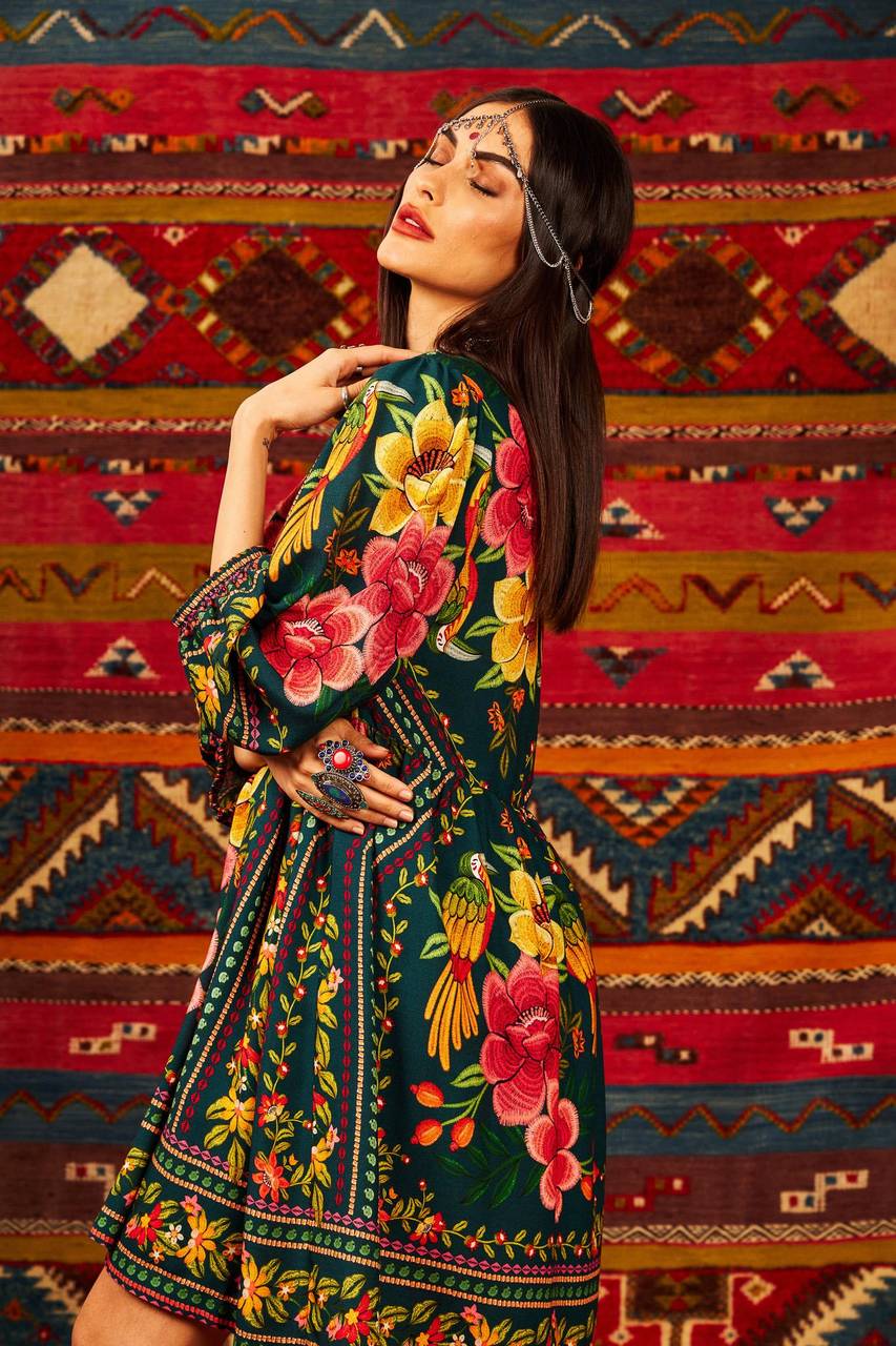 Yacamim Dark Green V-Neck Printed Short Dress