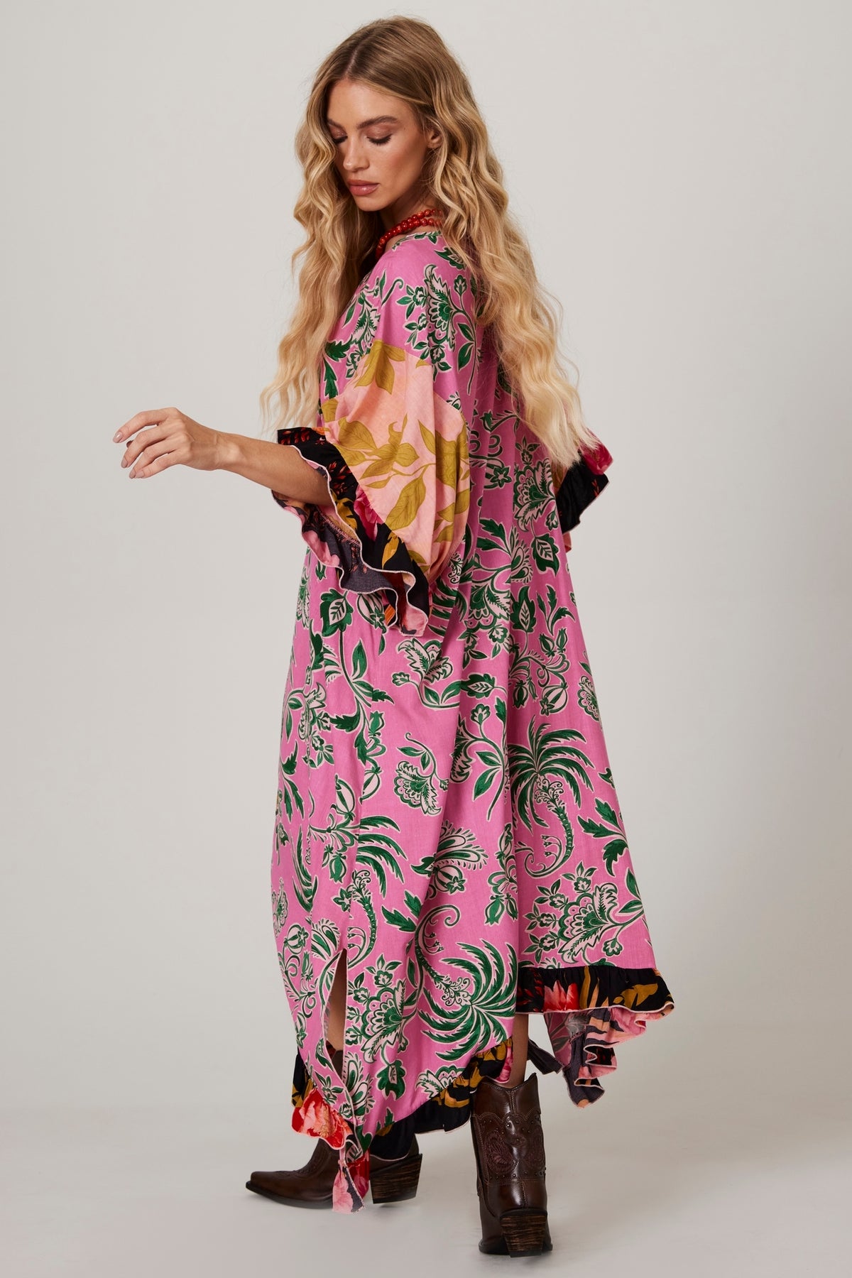 Yacamim J2 Loose Kaftan with Printed Rose Patchwork