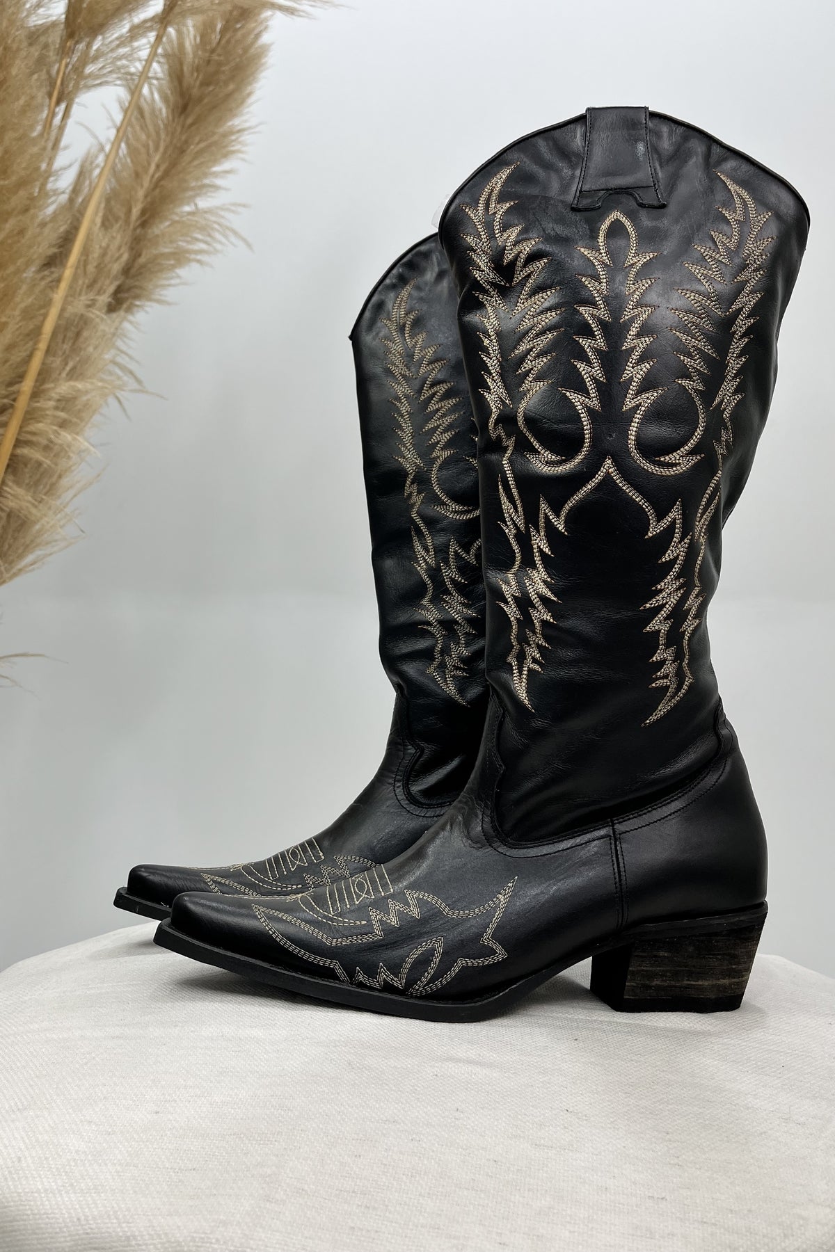 Yacamim #129 Black Embroidered Pointed Toe Leather Knee-High Boot