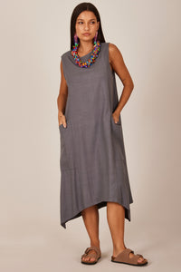 Yacamim E8 Dark Gray Plain Linen Sleeveless Short Dress