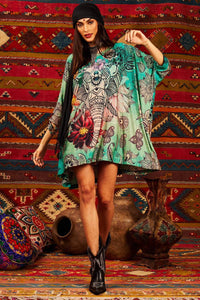Loose Tunic With 3/8 Sleeves Green Elephant Print Yacamim