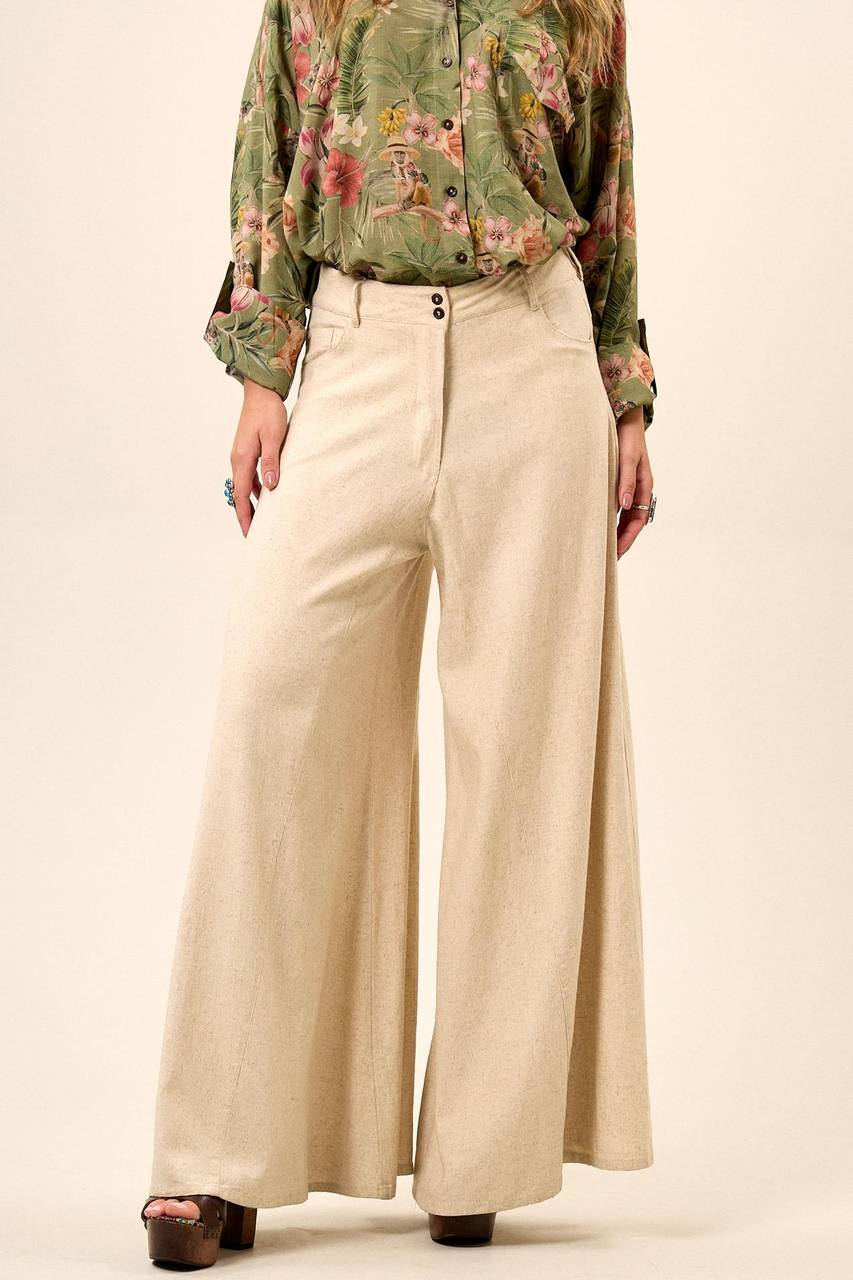 Yacamim G5 Beige Viscose Linen Palazzo Pants
