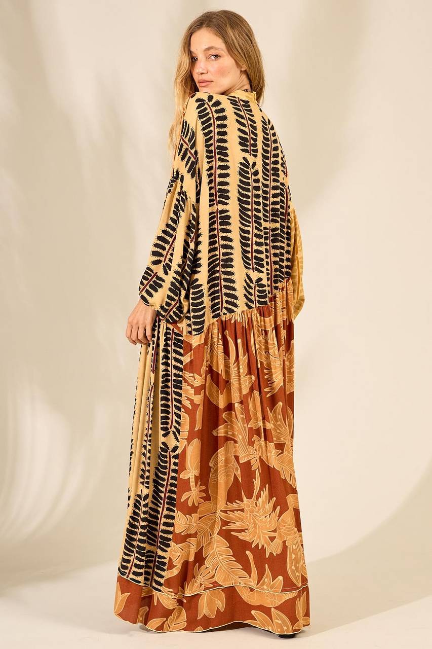 Light Brown Long Chemise Dress with Patchwork Print Yacamim