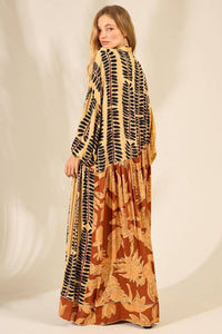 Light Brown Long Chemise Dress with Patchwork Print Yacamim