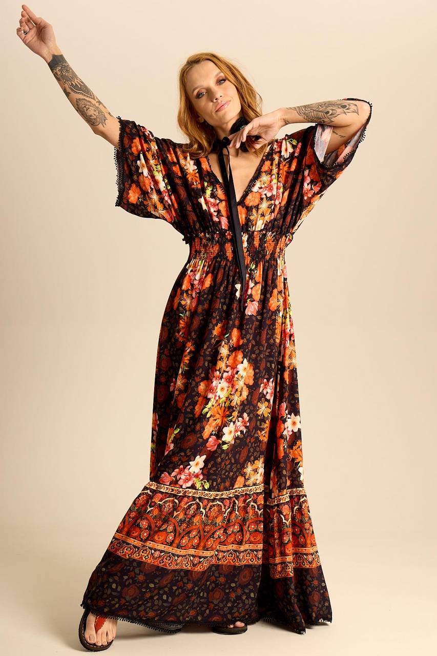 Yacamim Floral Print V-Neck Long Dress with Smocked Bodice
