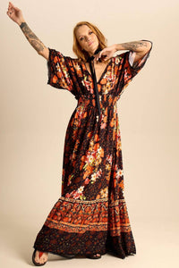Yacamim Floral Print V-Neck Long Dress with Smocked Bodice