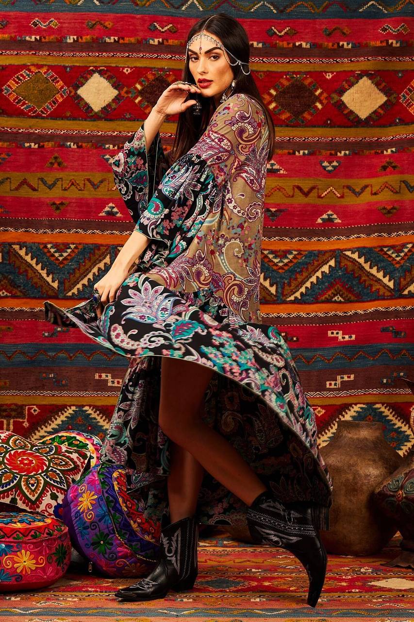 Long Kimono with 3/8 Wide Patchwork Print Sleeves Yacamim M6<br />