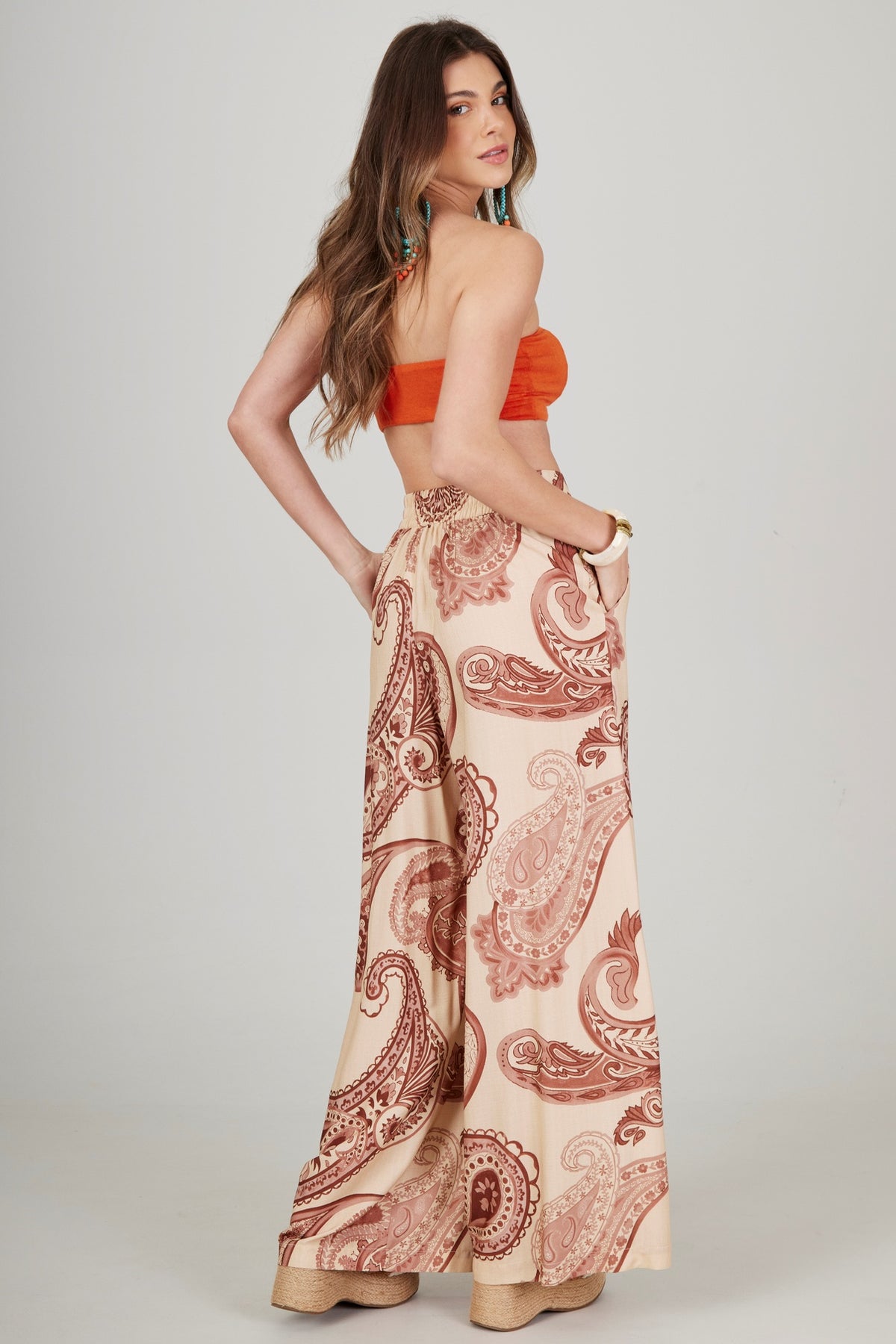 Yacamim A36 Beige Paisley Print Wide-Leg Pants