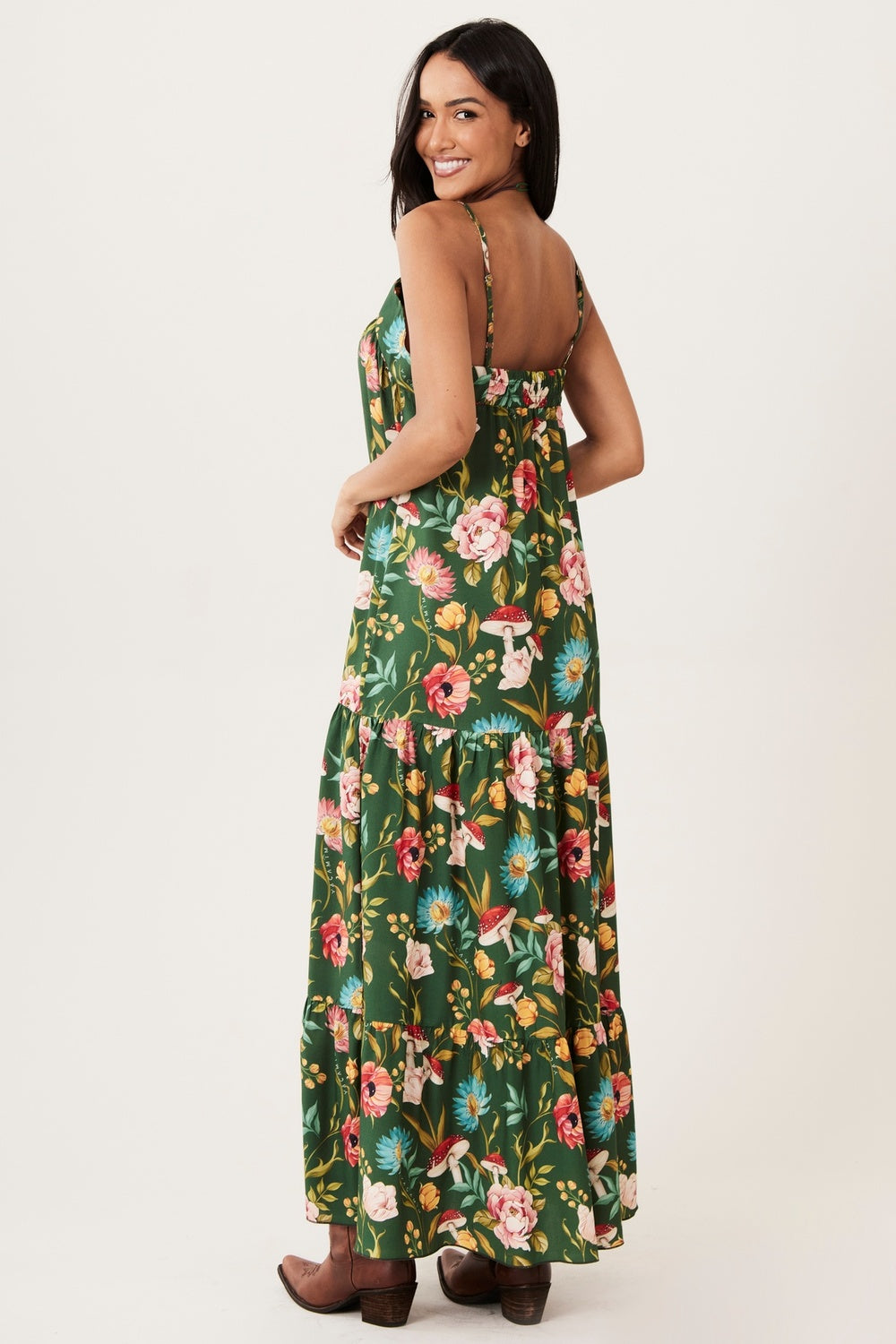 Yacamim Women's Long Ruffled Green Printed Dress C5