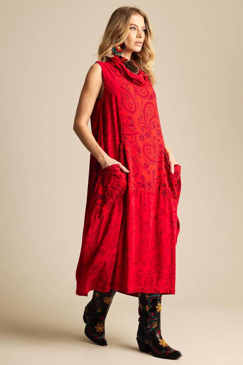 Yacamim Cashmere Red Turtleneck Midi Dress