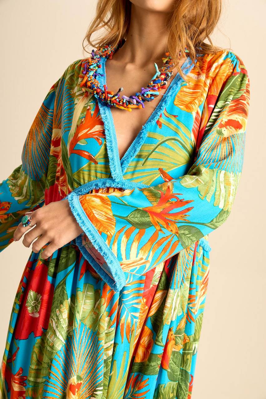 Yacamim Light Blue Long Sleeve Printed Long Dress E18