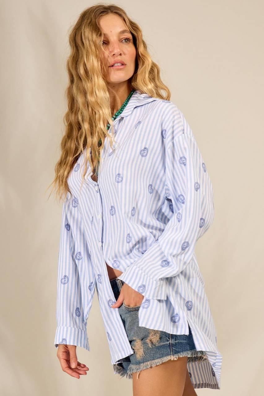 Yacamim A12 Wide Long Striped Blue Long-Sleeve Shirt