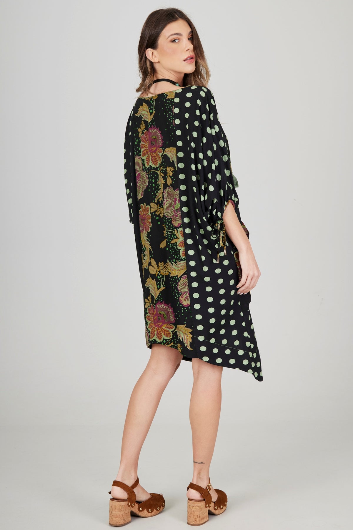 Short Dress with Black and Green Polka Dot Patchwork Yacamim D8