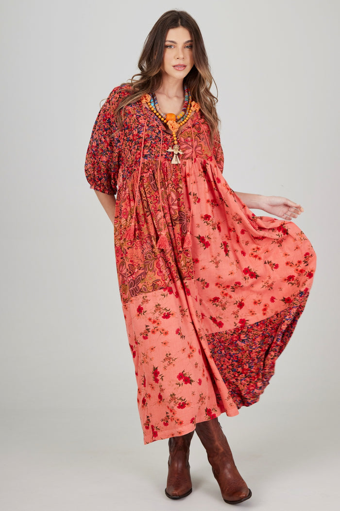 Yacamim C19 Pink Patchwork Off-the-Shoulder Midi Dress