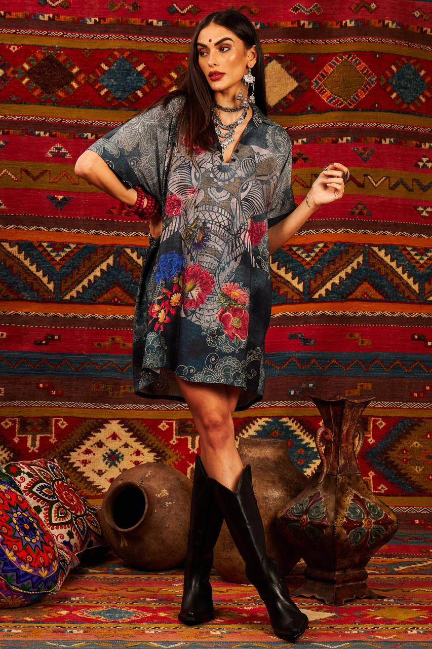 Yacamim Grey Elephant Print Oversized Shirt