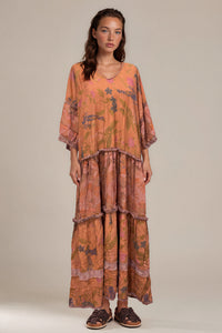 Vestido Longo Laranja Escuro Patchwork Yacamim E20