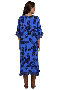 Kaftan Midi Com Babados E Pontas Laterais Azul Patchwork Yacamim J6