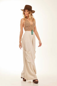 Beige Yacamim H7 Harem Pants with Side and Back Pockets Textured